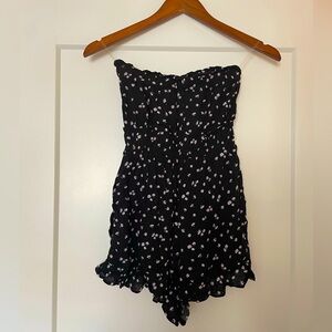 Strapless Black Romper with Floral Design